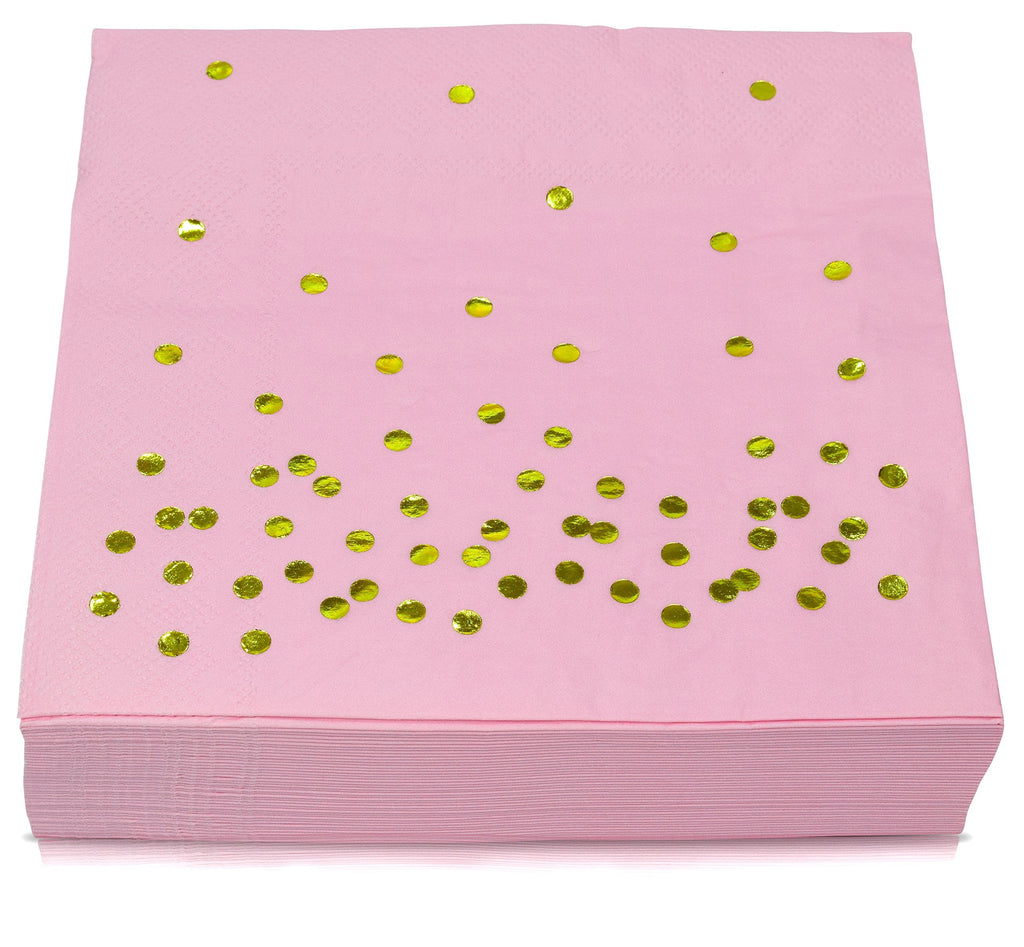 [Australia - AusPower] - TROLIR Luncheon Napkins, Pink With Gold Dots, 2-Ply, 100 Pack, Disposable Paper Napkins 6.5x6.5 inch, Stamped With Sparkly Gold Foil Dots, Ideal for Wedding, Party, Birthday, Dinner, Lunch, Cocktail Luncheon (100 Pack) 