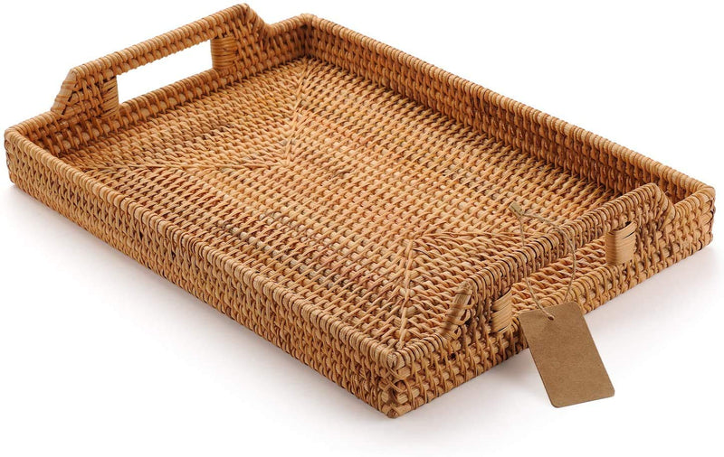 [Australia - AusPower] - DECRAFTS Hand-Woven Rattan Rectangular Serving Tray with Handles for Breakfast, Drinks, Snack for Coffee Table (14.5x10.2x1.4inches) 14.5x10.2x1.4inches 