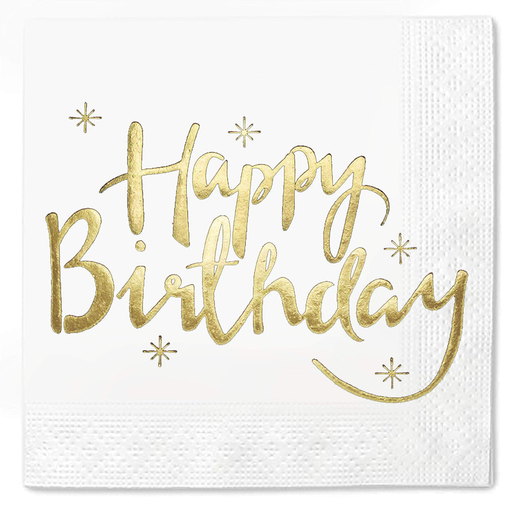 [Australia - AusPower] - Happy Birthday Napkins Cocktail Paper Gold Foil 50 Pack 2 Ply 5x5 Inches Party Supplies White with Gold Foil 