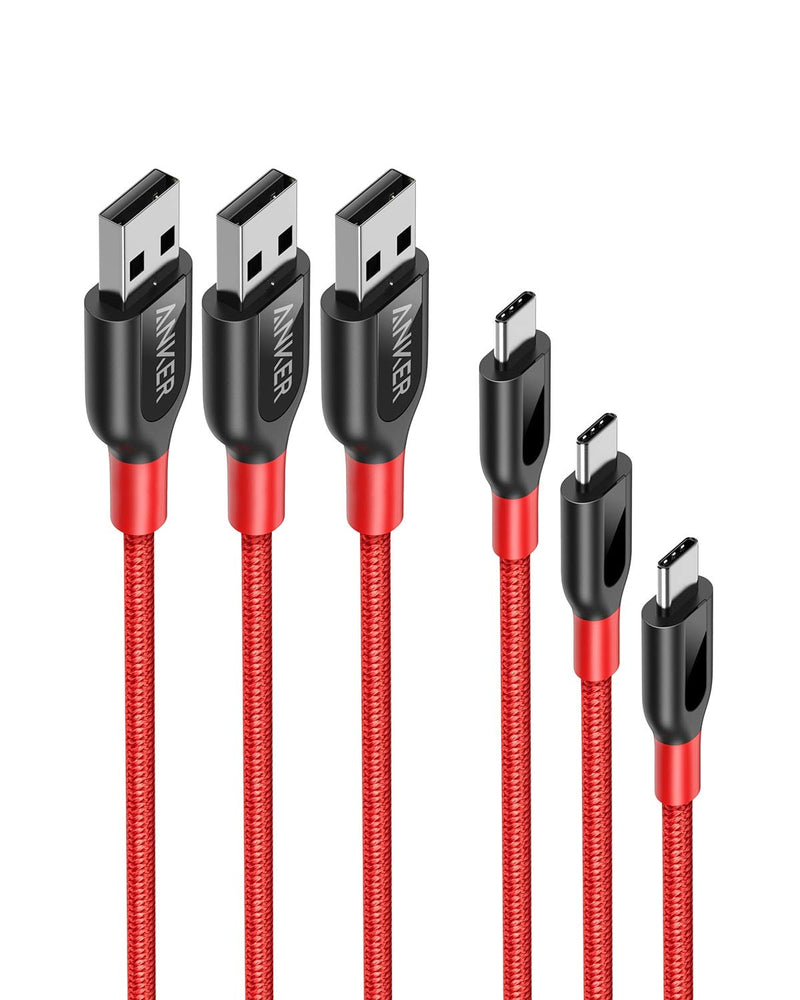 [Australia - AusPower] - USB Type C Cable, Anker [3-Pack] Powerline+ USB-C to USB-A, Double-Braided Nylon Fast Charging Cable, for Samsung Galaxy S10/ S9 /S9+ /S8, MacBook and More(Red)(3ft+6ft+10ft) 
