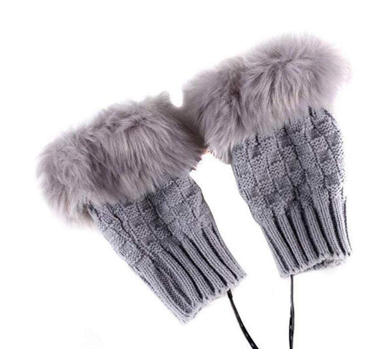 [Australia - AusPower] - ericotry 1 Pair(2PCS) Winter Warmer Thicken Fingerless Gloves USB Heated Plush Warm Cold-Proof Knit Gloves Laptop Mittens Hand Warmer for Women Teen Girls (Grey) 