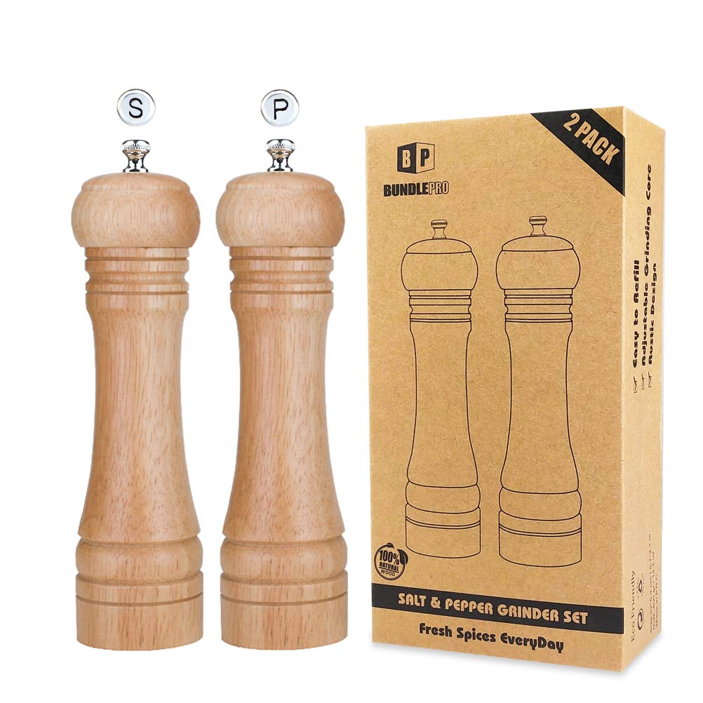 [Australia - AusPower] - Pack of 2 Salt and Pepper Grinders Refillable,Wooden Manual Spices Mill Set with Ceramic Grinding Core, Adjustable Coarseness,Idea for Home Kitchen, Dining Room, Restaurant (Tall) Tall 