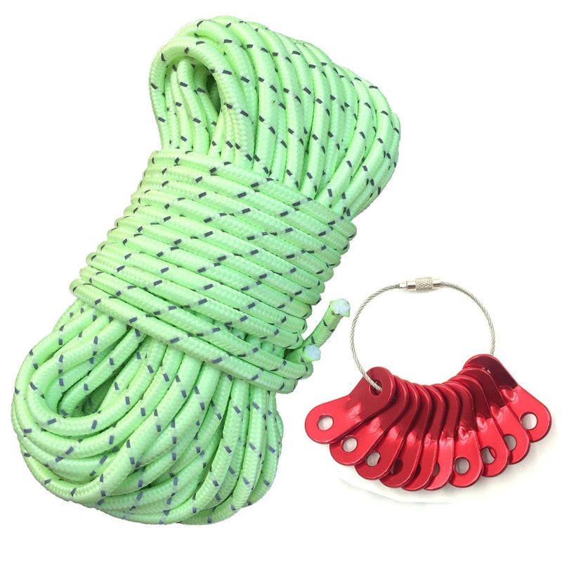 [Australia - AusPower] - LILUO Glow in The Dark Luminous Reflective Guyline - 5mm 65.6ft/20m Highly Reflective Tent Rope with 10 Aluminum Adjusters/Tensioners 