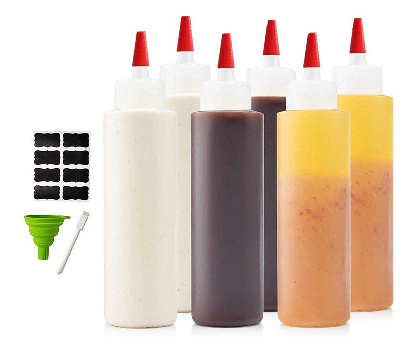 [Australia - AusPower] - 6-pack Premium Plastic Condiment Squeeze Squirt Bottles for Sauces, Paint ,Oil, Condiments ,Salad Dressings, Arts and Crafts - Food Grade-Includes Funnel, Erasable Marker and Reusable Labels (16 oz) 16 oz 
