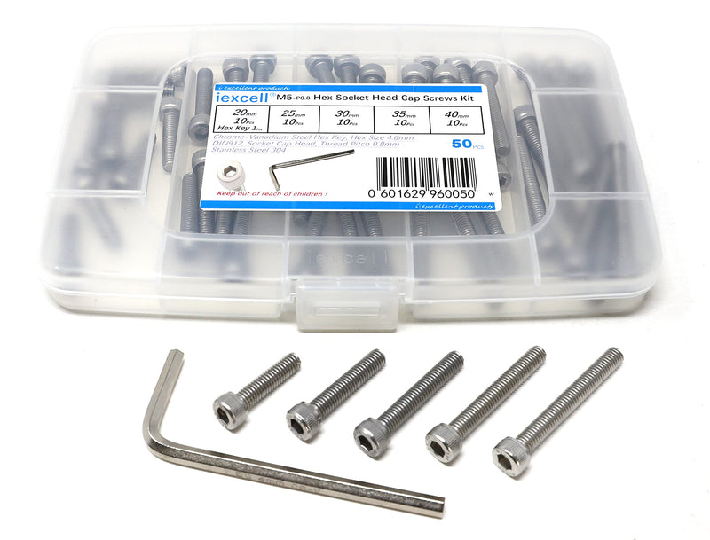 [Australia - AusPower] - iexcell 50 Pcs M5 x 20/25/30/35/40 Stainless Steel 304 Hex Socket Head Cap Screws Bolts Assortment Kit 