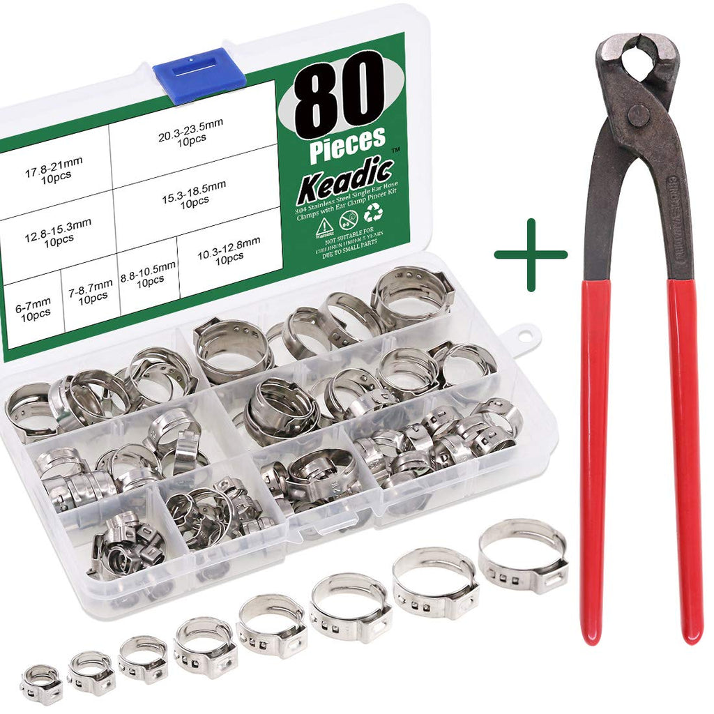 [Australia - AusPower] - Keadic 80Pcs 1/4"-15/16" 304 Stainless Steel Single Ear Hose Clamps Pex Pinch Clamp Assortment Kit with Ear Clamp Pincer for Securing Pipe Hoses and Automotive Use 