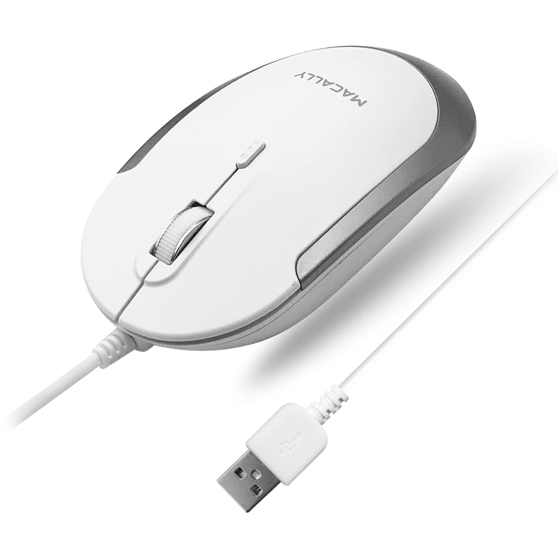 [Australia - AusPower] - Macally Silent Wired Mouse - Slim & Compact USB Mouse for Laptop/Desktop Windows PC or Apple Mac - Designed with Optical Sensor & DPI Switch - Simple & Comfortable Wired Computer Mouse (White) White with Silver Trim 