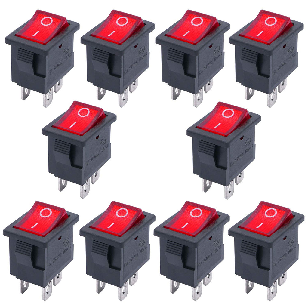 [Australia - AusPower] - TWTADE / 10Pcs Red Light Illuminated ON/Off DPST 4 Pin 2 Position Mini Boat Rocker Switch Car Auto Boat Rocker Toggle Switch Snap AC 250V/10A 125V/12A （Quality Assurance for 1 Years）KCD1-104N-R 