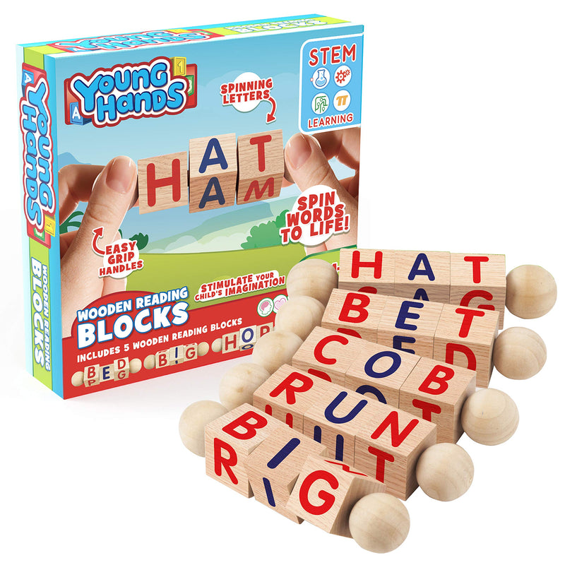 [Australia - AusPower] - Creative Kids Wooden Reading Blocks - Set of 5 Spinning Alphabet Blocks w/ Easy-Grip Handles - Kindergarten Preschool Learning Activities Letter Work - Wooden Montessori Toys Gifts for Kids Toddlers 