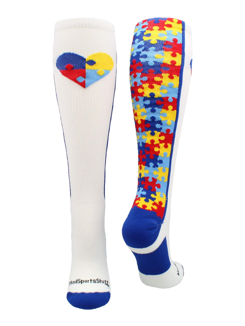 [Australia - AusPower] - MadSportsStuff Puzzle Heart Autism Awareness Over The Calf Socks White/Royal X-Large 