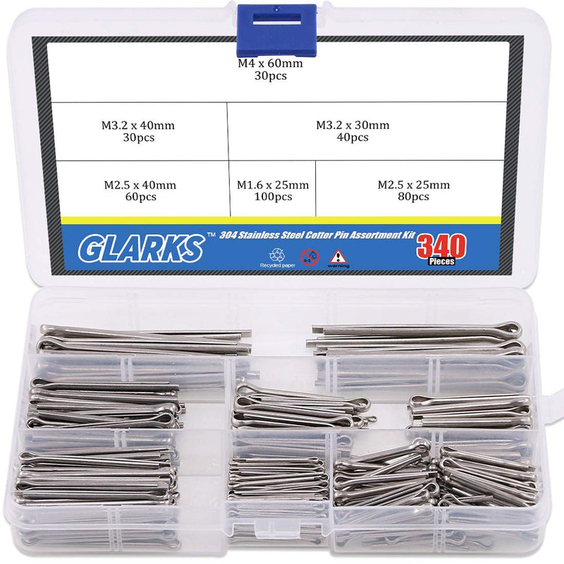 [Australia - AusPower] - Glarks 340-Pieces 6 Sizes 304 Stainless Steel Cotter Pin Clip Key Fastner Fitting Assortment Kit for Automotive, Mechanics, Car Garage, Power Equipment, Cars, Trucks, Lawn Mower, Small Engine Repair 