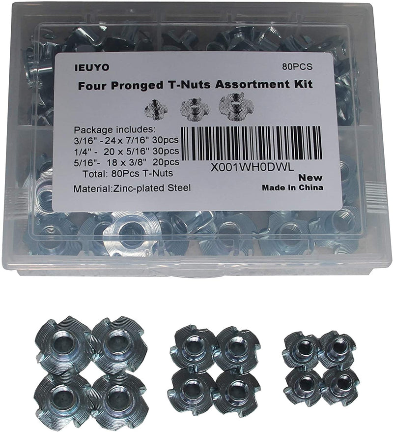 [Australia - AusPower] - IEUYO T-Nut Assortment Kit Four Pronged Zinc Plated Steel Tee Nut, Tee Blind Nut, for Rock Climbing Holds, Wood, Cabinetry, etc. 10# 1/4" 5/16" 80Pcs/3Sizes Carbon steel,10# , 1/4", 5/16" Assortment 80Pcs 