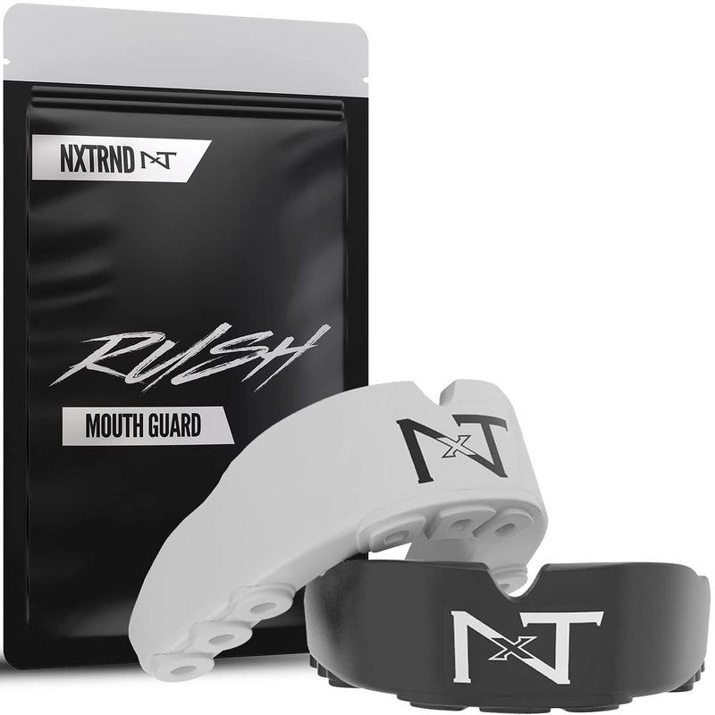 [Australia - AusPower] - 2 Pack Nxtrnd Rush Mouth Guard Sports, Professional Mouthguards for Boxing, Jiu Jitsu, MMA, Wrestling, Football, Lacrosse, and All Sports, Fits Adults, Youth, and Kids 11+ (B&W) Black & White 