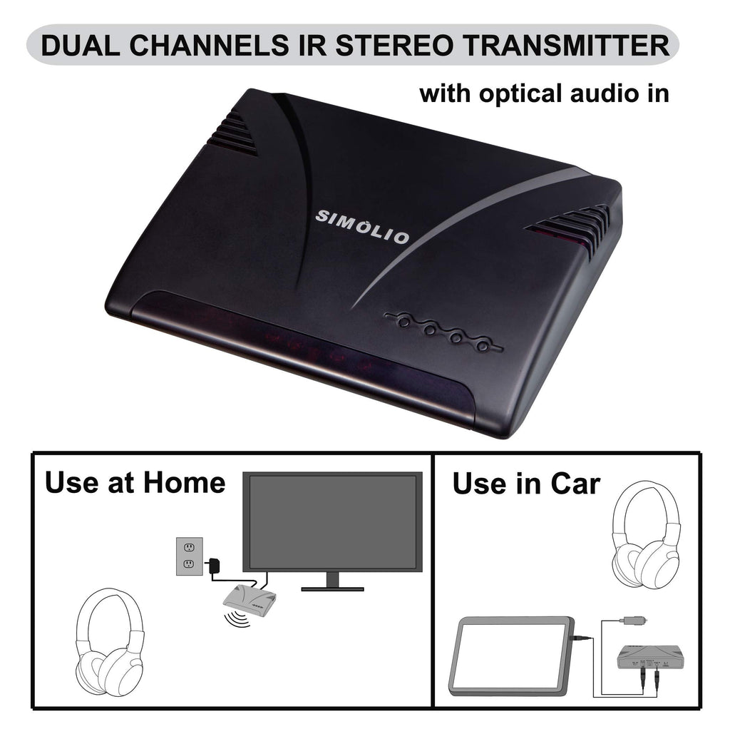 [Australia - AusPower] - SIMOLIO Dual Channels IR Transmitter with Optical in, Wireless Infrared Sensor for Car Audio &TV & PC, Wireless Transmitter for Universal Car Headphone, Car Cigar Lighter & AC Adapter Included SM-264D Digital 