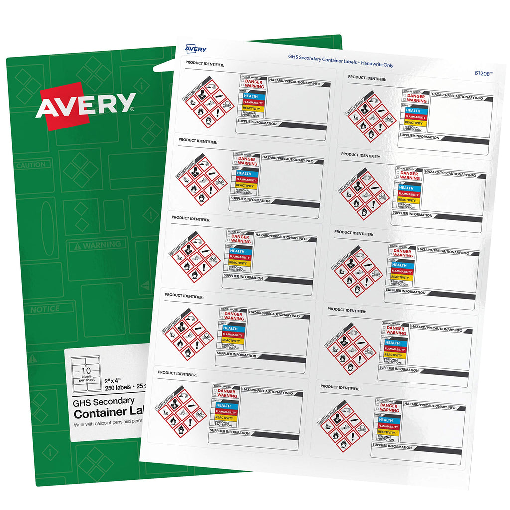 [Australia - AusPower] - Avery GHS Secondary Container Labels, Preprinted, Handwrite Only, 2" x 4", 250 Labels (61208) 2" x 4" 