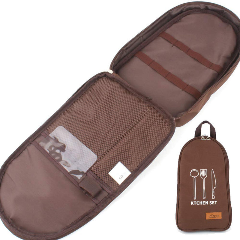 [Australia - AusPower] - NatSumeBasics Camping Travel Cooking Utensils Organizer Travel Bag Portable Pouch for BBQ Camp Cookware Kitchen Kit Only 1pc Brown Bag 