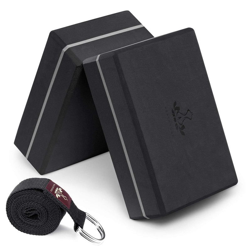 [Australia - AusPower] - Heathyoga Yoga Blocks 2 Pack with Strap, High Density EVA Foam Yoga Block and Yoga Strap Set to Support and Improve Poses and Flexibility 