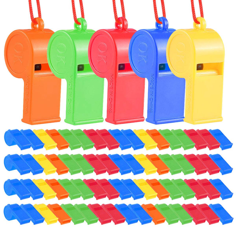 [Australia - AusPower] - WSYUB 72Pcs Plastic Whistles, Training Sports Whistles with Lanyard, Loud Toys Whistles for Christmas Birthday Party Goody Bag Fillers Games Survival Emergency, 5 Brilliant Colors Style A 72.0 