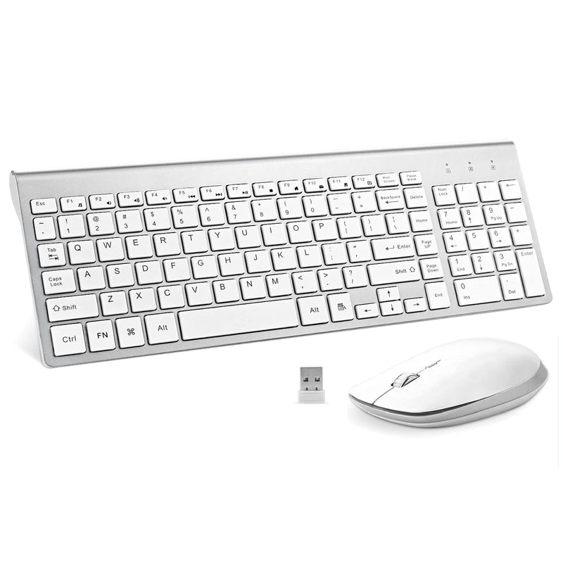 [Australia - AusPower] - Wireless Keyboard and Mouse - FENIFOX USB Slim 2.4G Wireless Keyboard Mouse Combo Full-Size Ergonomic Compact with Number Pad for Laptop PC Computer Windows mac- Silver White 