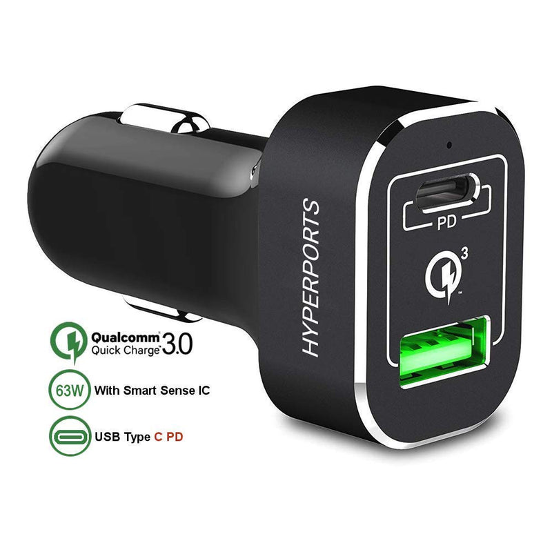 [Australia - AusPower] - HyperPorts 63W USB C Laptop Car Charger Dual Port QualComm Quick Charge 3.0 Compatible with MacBook Pro, Chromebook, Pixel 2 XL, Galaxy S9 S8 Edge Plus Note 9 8, iPad - PD Chipset- Enabled 