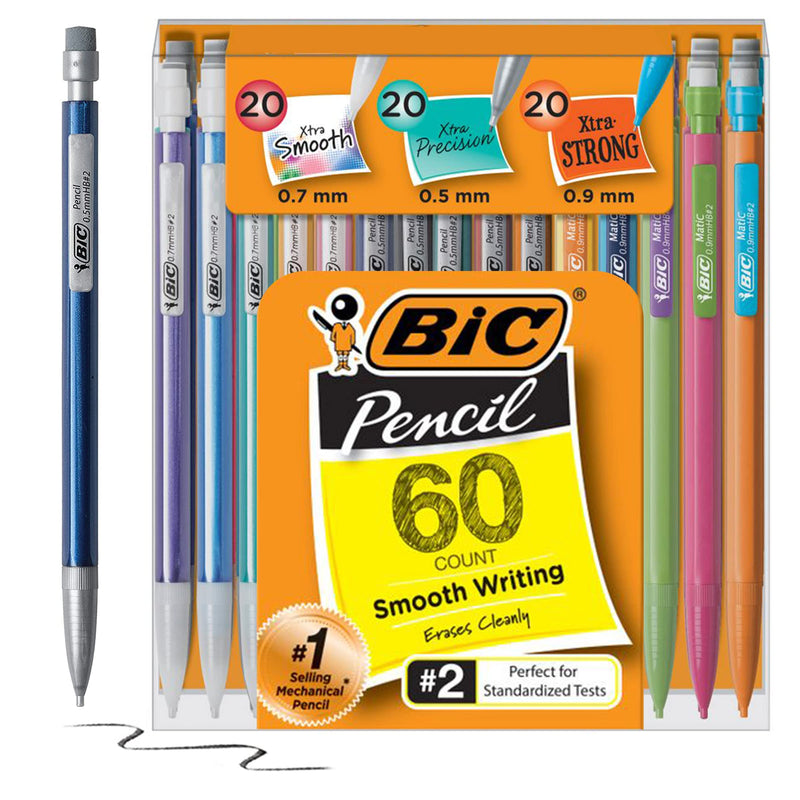 [Australia - AusPower] - BIC Mechanical Pencil Variety Pack, Number 2 Mechanical Pencils With Erasers, Fine Point (0.5mm), Medium Point (0.7mm) and Thick Point (0.9mm), 60 Count, Bulk Mechanical Pencils for School or Work 