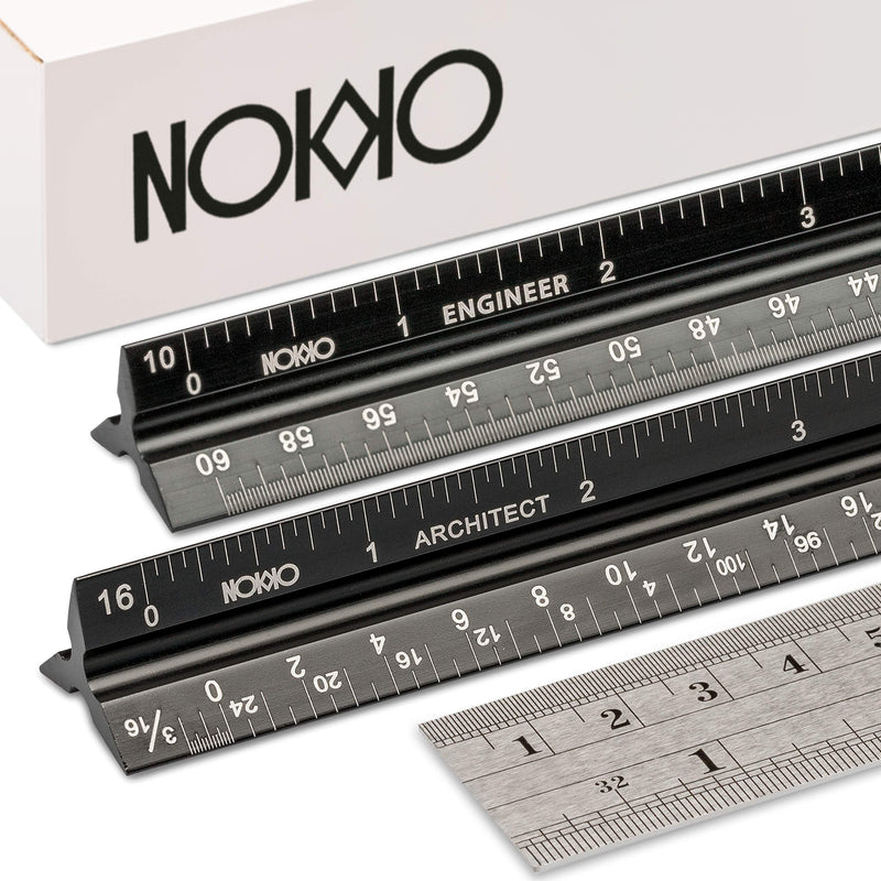 [Australia - AusPower] - NOKKO Architectural and Engineering Scale Ruler Set - Professional Measuring Kit for Drafting, Construction - Imperial and Metric Conversion Table Included - Laser-Etched Markings, Anodized Aluminum 