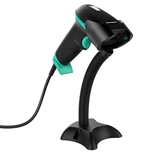 [Australia - AusPower] - NADAMOO USB Barcode Scanner with Stand, Automatic Sensing 1D Handheld Wired Laser Bar Code Reader Portable Hand Bar Code Scanner Fast Auto Scan for Warehouse Retail Store Library Supermarket POS Green 