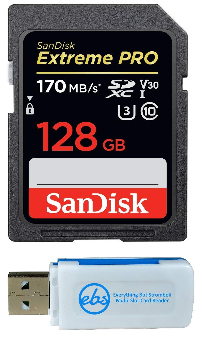 [Australia - AusPower] - SanDisk 128GB SDXC Extreme Pro Memory Card Bundle Works with Sony Alpha a5000, a5100, a6300, a6500 Mirrorless Camera 4K V30 (SDSDXXY-128G-GN4IN) with Everything But Stromboli (TM) Combo Card Reader Class 10 128GB 