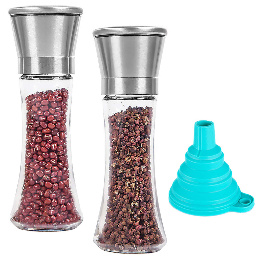 [Australia - AusPower] - Set of 2 Premium Stainless Steel Salt and Pepper Grinders with Silicone Collapsible Funnels, SourceTon Adjustable Tall Glass Salt and Pepper Shakers with Free Funnel 