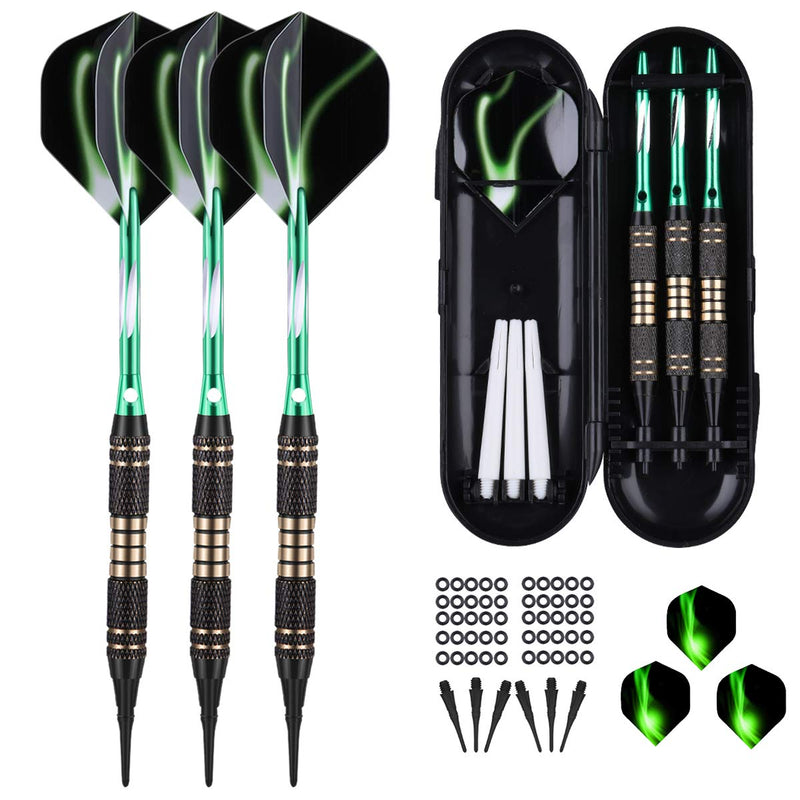 [Australia - AusPower] - sanfeng Soft tip Darts Set 18 Gram - Professional Darts Plastic Tip with Brass Barrel + Aluminum Shafts + 50 Rubber o-Ring + 6 Flights +30 Soft Tips for Electronic Dartboard GREEN 