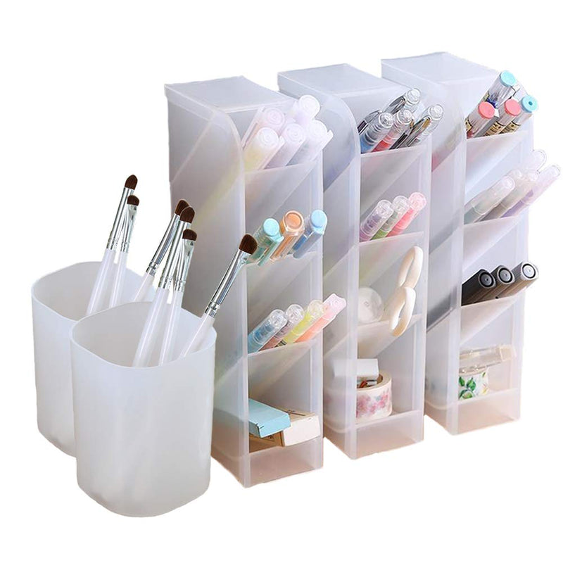[Australia - AusPower] - 5 Pcs Desk Organizer- Pen Organizer Storage for Office, School, Home Supplies, Translucent White Pen Storage Holder, Set of 3, 2 Cups 14 Compartments (White) 