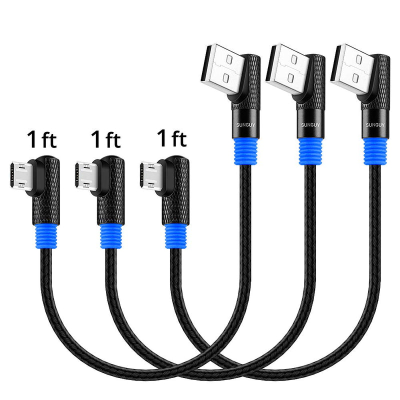 [Australia - AusPower] - Right Angle Micro USB Cable, SUNGUY【3Pack 1ft】90 Degree Reversible Short Micro USB Braided Cord Fast Charging & Data Sync for Samsung Galaxy S6 Edge S5, LG G4 V10, Moto E5 G5S Plus 1ft*3 