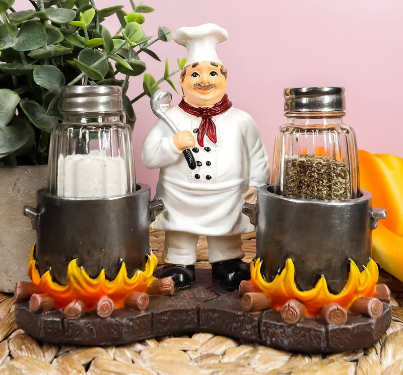 [Australia - AusPower] - Ebros Bouillon French Chef Jean With Flaming Double Cauldron Pots Salt And Pepper Shakers Holder Figurine For Kitchen Dining Table Hosting Spice Rack Accessories Gift Ideas For Women Men Chefs Cooks 