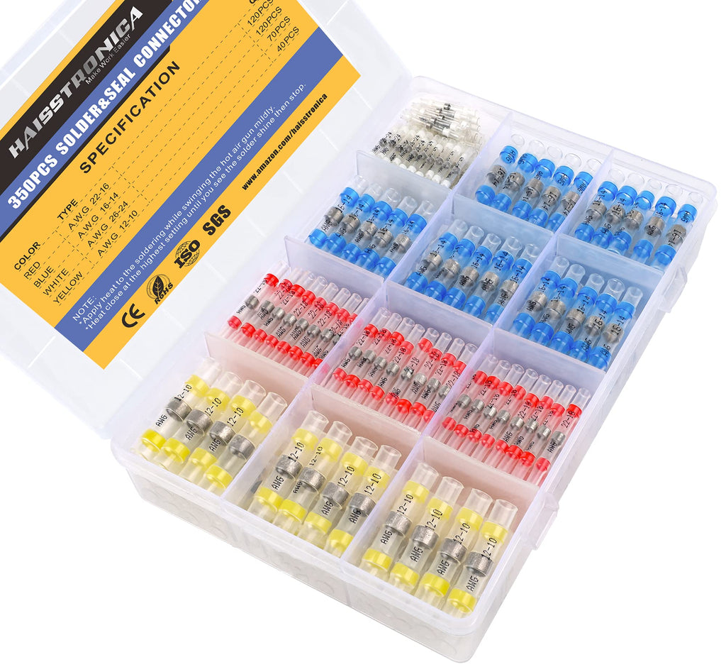 [Australia - AusPower] - haisstronica 350PCS Solder Seal Wire Connectors Kit,26-10 Gauge Marine Grade Heat Shrink Wire Connectors,Waterproof Butt Connectors,Insulated Electrical Connectors Butt Splice(4Colors/4Size) 