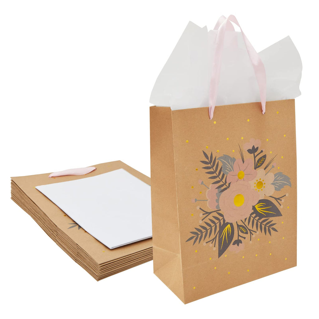 [Australia - AusPower] - 12 Pack Kraft Paper Floral Gift Bags with Ribbon Handles + 20 Sheets Tissue Paper for Bridal Shower, Tea Party, Wedding Favors (10 x 13 In) 