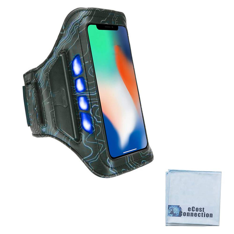 [Australia - AusPower] - Bright LED Rechargeable Sports/Cross-fit Arm Band (Blue) fits iPhone 13 12 11 Pro Max Xs Xs X 8+ 8 7 Plus Pixel 2 Galaxy S9 S8 Note 9 + eCostConnection Microfiber Cloth 