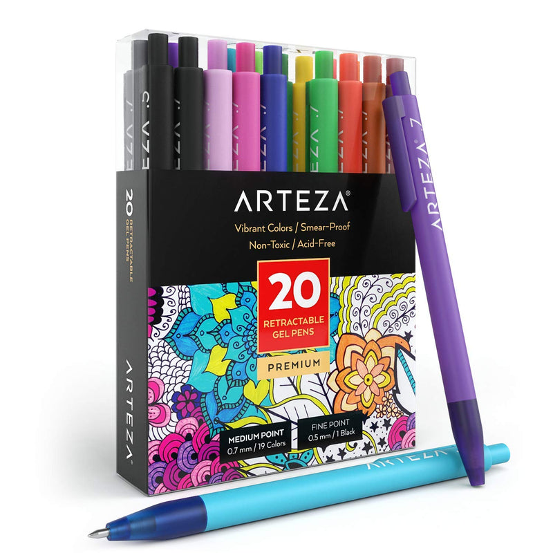 [Australia - AusPower] - Arteza Retractable Gel Ink Pens, Set of 20 Assorted Colors, Fine Tip 0.7 mm, Art Supplies for Writing in a Notebook, Journal, Planner 