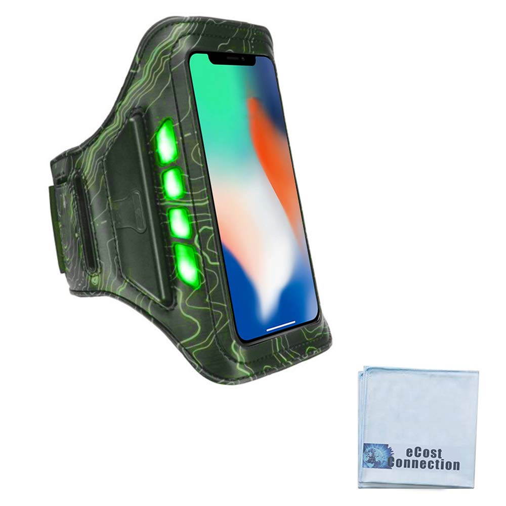 [Australia - AusPower] - Bright LED Rechargeable Sports/Cross-fit Arm Band (Green) fits iPhone 13 12 11 Pro Max Xs Max Xs X 8+ 8 7 Plus Pixel 2 Galaxy S9 S8 Note 9 + eCostConnection Microfiber Cloth 