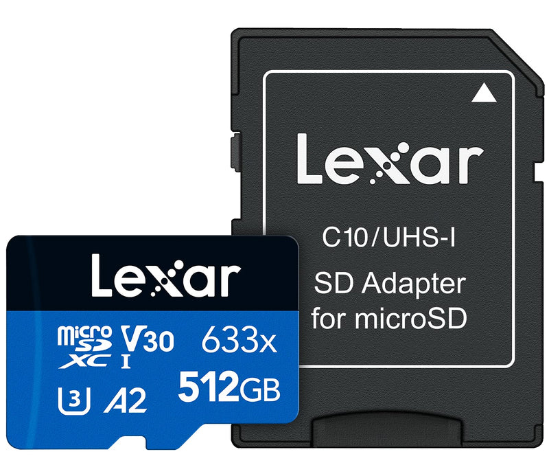[Australia - AusPower] - Lexar High-Performance 633x 512GB microSDXC UHS-I Card w/ SD Adapter, Up To 100MB/s Read, for Smartphones, Tablets, and Action Cameras (LSDMI512BBNL633A) Single 