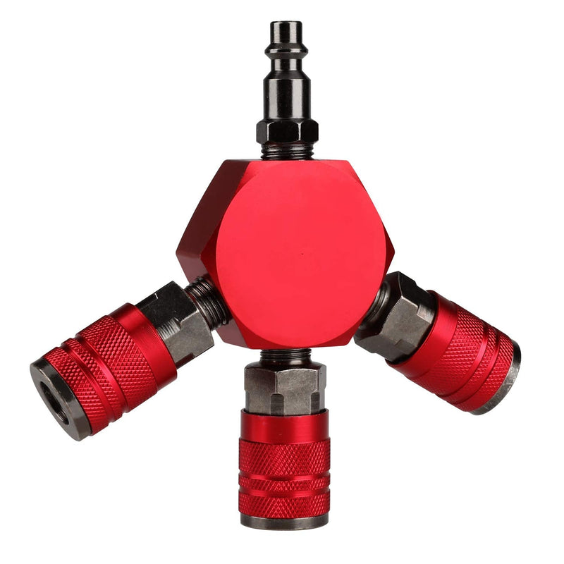 [Australia - AusPower] - Hromee 3-Way Air Manifold 4 Ports Aluminum Industrial Flat Hex Quick Connect Air Hose Splitter with 3 Steel Couplers and 1/4" Male NPT Plug 