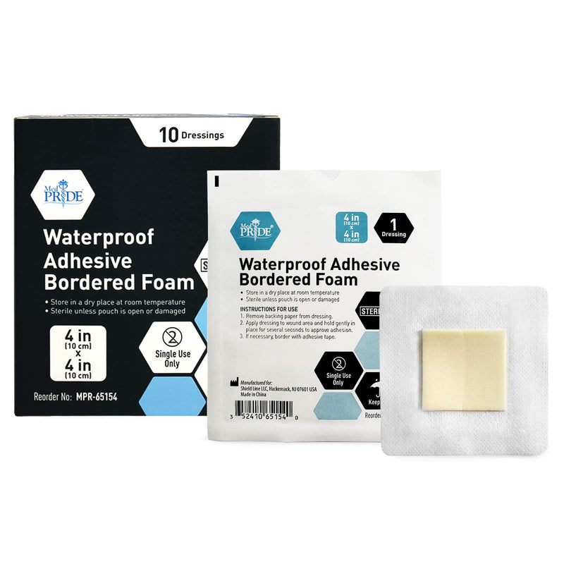 [Australia - AusPower] - Medpride 4'' X 4'' Foam Wound Dressing (10-Count) Sterile, Waterproof Silicone Adhesive Border | Home or Emergency Healing Support | Partial or Shallow Drainage Coverage | Gentle 4x4 Inch (Pack of 10) 
