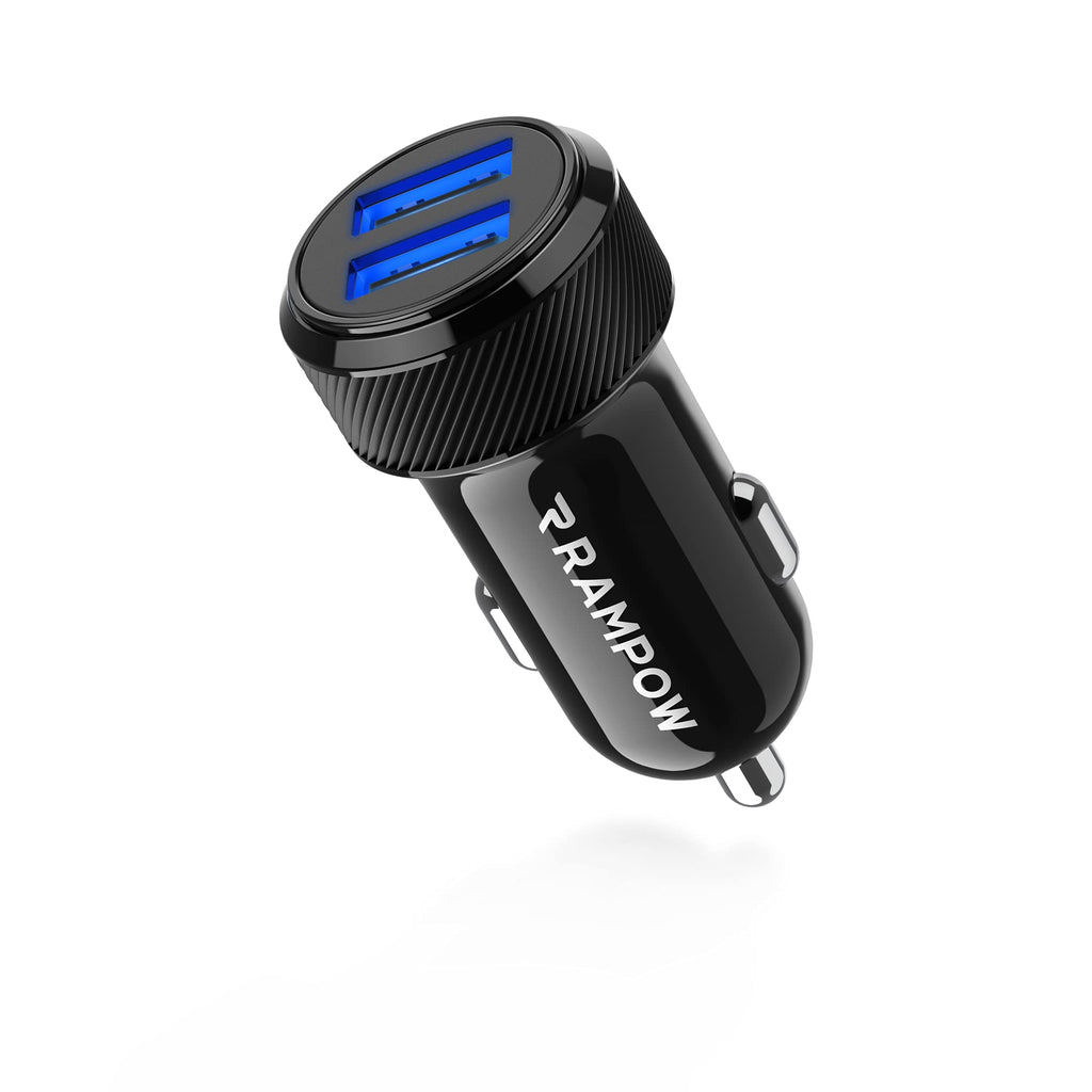 [Australia - AusPower] - RAMPOW Car Charger 24W/12V 4.8A Dual Cigarette Lighter USB Adapter with Blue LED for iPhone 13/12/7/7Plus/6/6s/5s/SE, iPad Pro/Air 2/Mini,Samsung Galaxy S9/S8/S7, Motorola, LG, HTC,Tablet & More-Black Black 