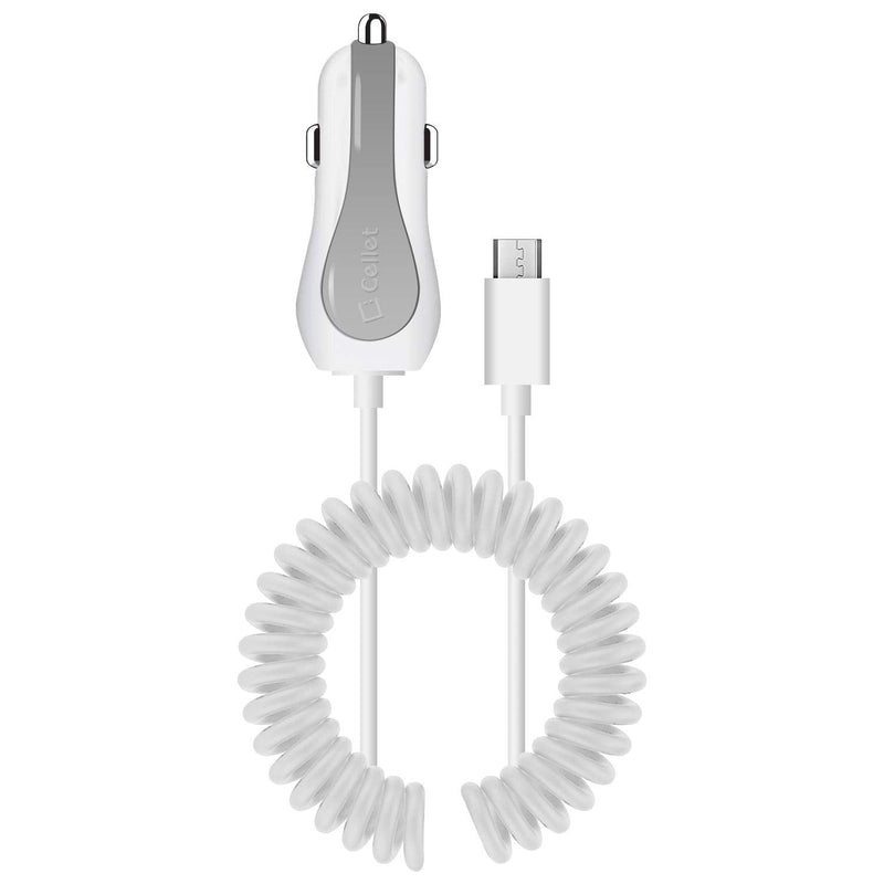 [Australia - AusPower] - Cellet PMICROMS21 Fast Charging 2.4Amp Output Dual USB Car Charger 4ft Long Micro USB Cable Compatible with LG Risio 3 K20 Harmony Grace K20 V K20 Plus K30, K4 Optimus Zone 3, Rebel, K8 (2018), White 
