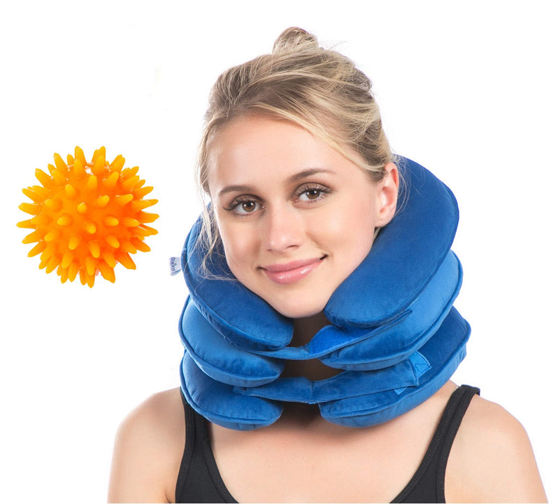 [Australia - AusPower] - Cervical Neck Traction Device Inflatable Neck Traction for Neck Decompression Pinched Nerve Neck Pain Relief, Neck Stretcher Cervical Traction Neck Extender for Neck Pain with Massage Balls (Blue) Blue 