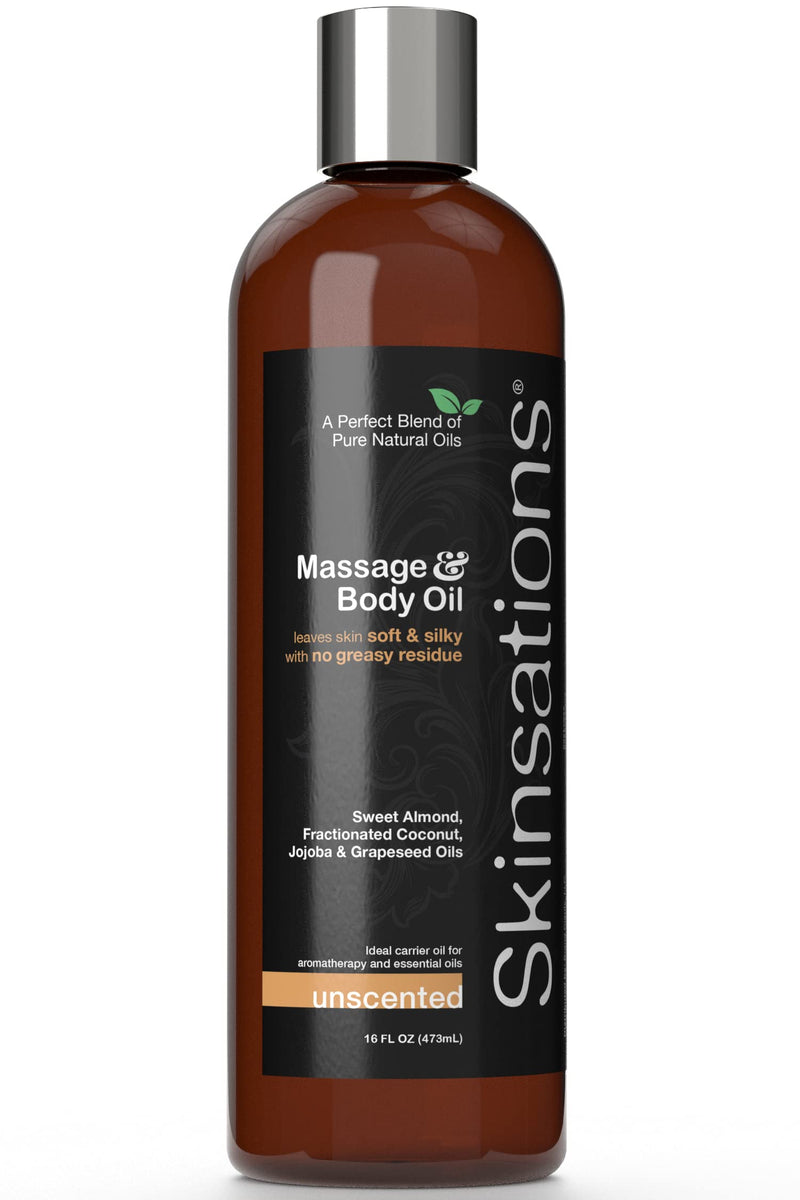 [Australia - AusPower] - Skinsations - Natural Massage & Body Oil - Unscented 16oz | Relaxing, Sore Muscle Aromatherapy, Edible Sweet Almond Blend with Fractionated Coconut, Grapeseed, Jojoba Oils, Soothes Dry, Sensitive Skin 16 Fl Oz (Pack of 1) 