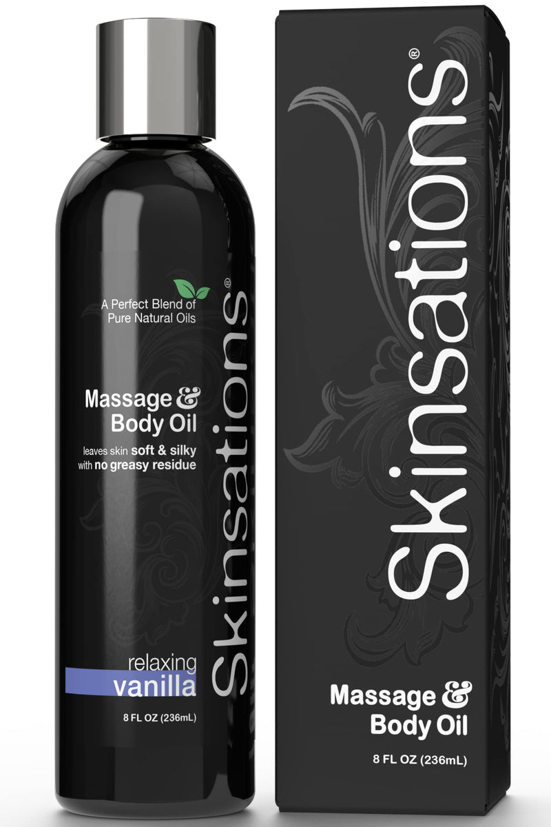 [Australia - AusPower] - Skinsations - Massage & Body Oil - Vanilla 8oz | Soothing Blend of Edible Sweet Almond, Fractionated Coconut, Grape Seed & Jojoba Oils with an Enticing Vanilla Scent 8 Fl Oz (Pack of 1) 
