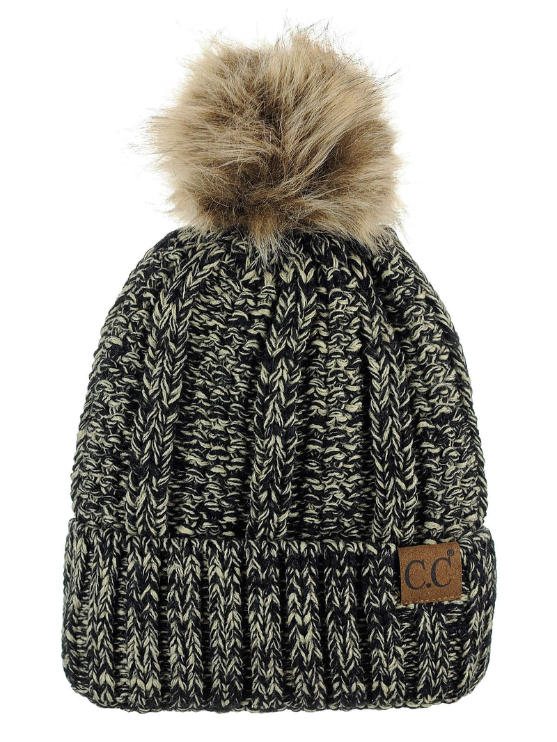 [Australia - AusPower] - C.C Thick Cable Knit Faux Fuzzy Fur Pom Fleece Lined Skull Cap Cuff Beanie 2 Tone Black/Dark Beige 