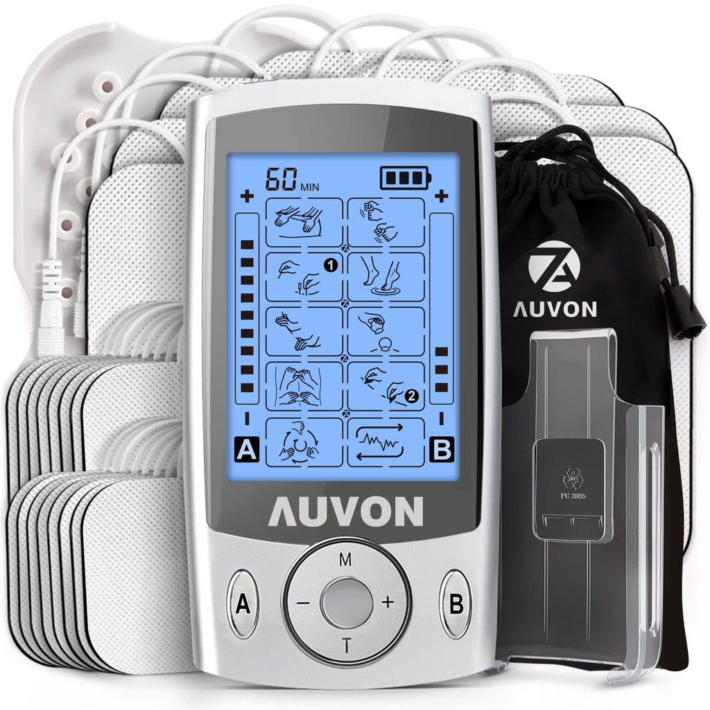 [Australia - AusPower] - AUVON Dual Channel TENS Unit Muscle Stimulator (Family Pack), 20 Modes Rechargeable TENS Machine Massager with Huge Pack of 24 Pcs Reusable Pads (2"x2" 16pcs, 2"x4" 8pcs) A-silver 