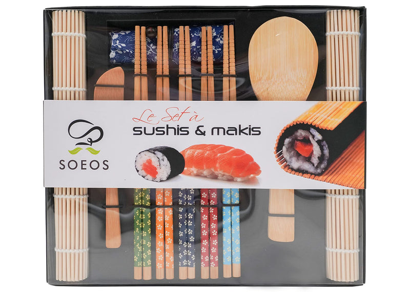 [Australia - AusPower] - Soeos Beginner Sushi Making Kit, 10 Piece Bamboo Sushi Kit with 2 Bamboo Rolling Mats, 5 Pairs Chopsticks, Paddle, and Spreader, All Natural, Sushi Making Kit Gift Set, Sushi Maker Kit, Sushi Maker. 