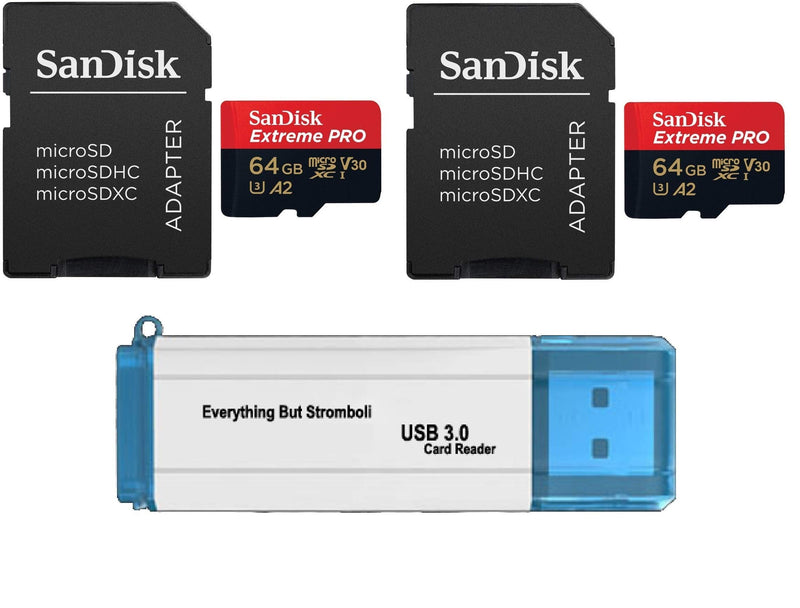 [Australia - AusPower] - SanDisk 64GB Micro SDXC Extreme Pro Memory Card (Two Pack) Works with GoPro Hero 7 Black, Silver, Hero7 White UHS-1 U3 A2 Bundle with (1) Everything But Stromboli 3.0 Micro/SD Card Reader 